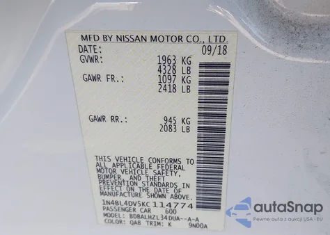 2019 Nissan Altima 2.5 Sv from USA, damaged, VIN 1N4BL4DV5KC114774